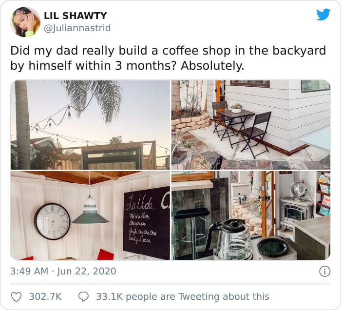 In a span of only three months, a father managed to construct a comfortable coffee shop in his backyard.